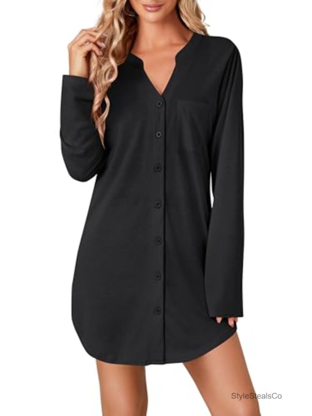 Striped Nightshirt Button Down Long Sleeve Nightdress with Pocket